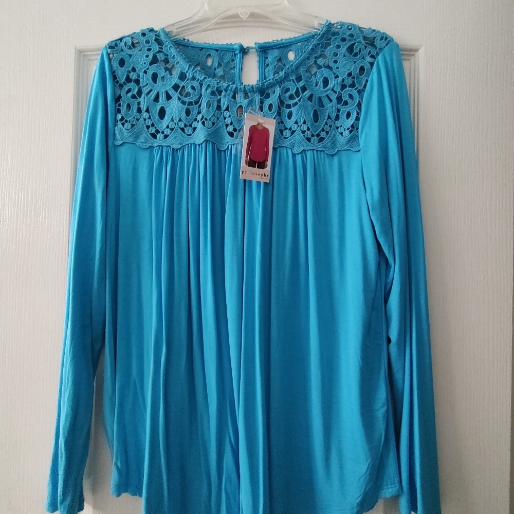 Gorgeous crochet lace top. NWT. Bright blue. Rayon Span blend. Long sleeves.